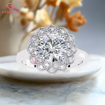 1.61 CT Floral Halo Lab Grown Diamond Engagement Ring – Round Cut Cluster Design Vintage Flower Inspired Statement Jewelry