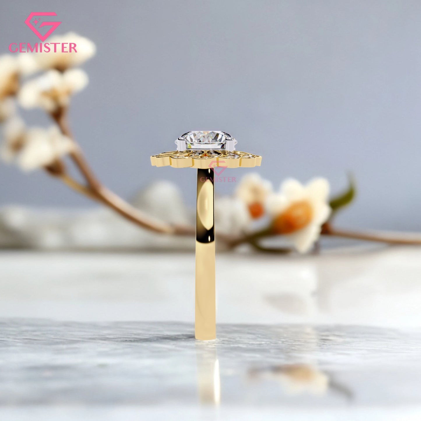 1.61 CT Floral Halo Lab Grown Diamond Engagement Ring – Round Cut Cluster Design Vintage Flower Inspired Statement Jewelry