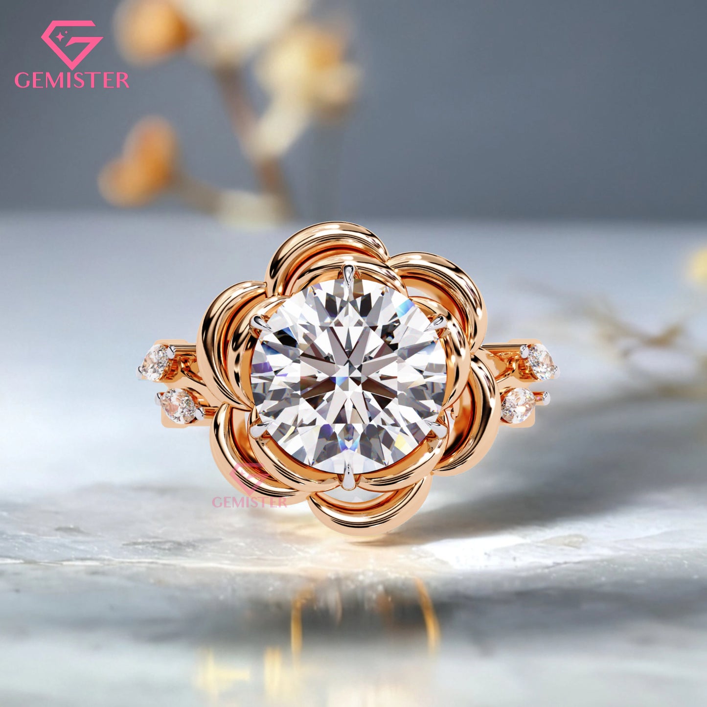 2.21 Ct Floral Bloom Lab Grown Diamond Engagement Ring – Round Cut Solitaire with 3D Petal Design  Flower Ring