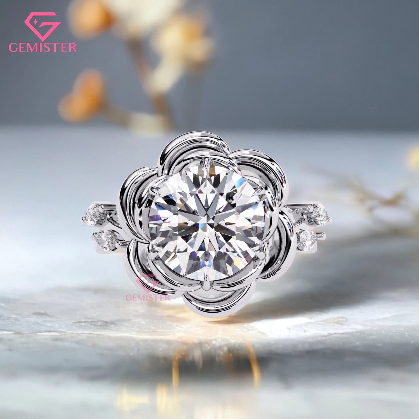 2.21 Ct Floral Bloom Lab Grown Diamond Engagement Ring – Round Cut Solitaire with 3D Petal Design  Flower Ring