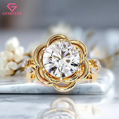 2.21 Ct Floral Bloom Moissanite Engagement Ring – Round Cut Solitaire with 3D Petal Design  Flower Ring