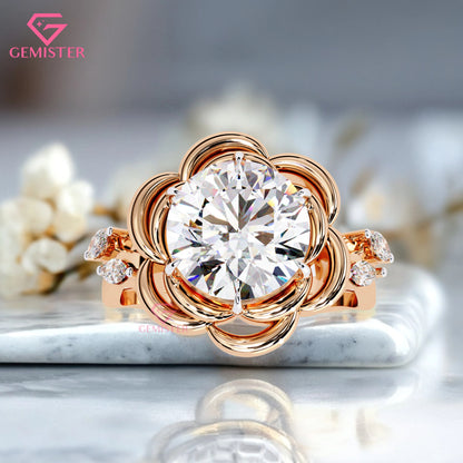 2.21 Ct Floral Bloom Lab Grown Diamond Engagement Ring – Round Cut Solitaire with 3D Petal Design  Flower Ring