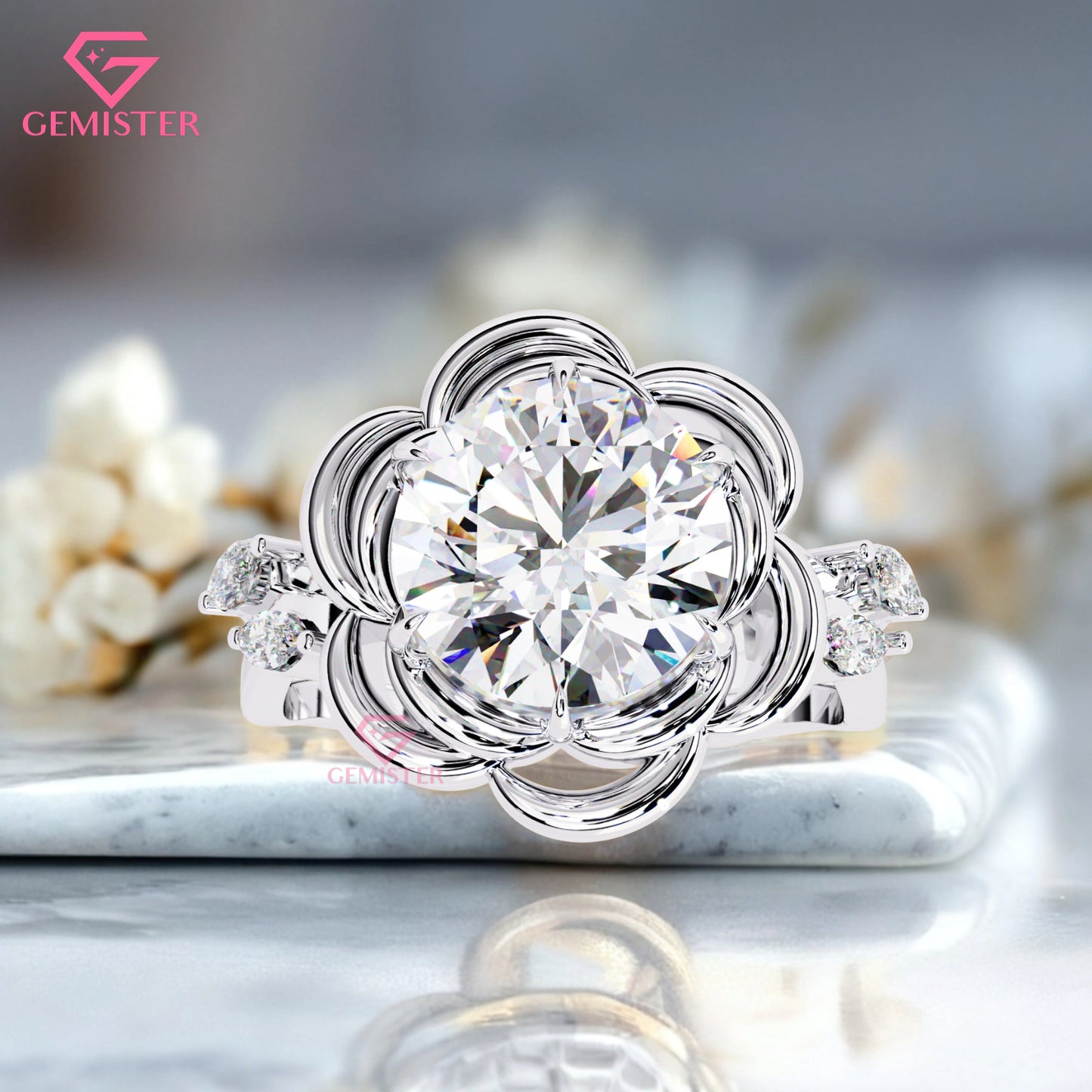 2.21 Ct Floral Bloom Moissanite Engagement Ring – Round Cut Solitaire with 3D Petal Design  Flower Ring