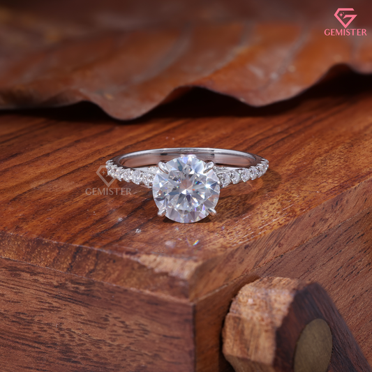 Round Moissanite Cathedral Pavé Accent Engagement Ring in 14K Gold