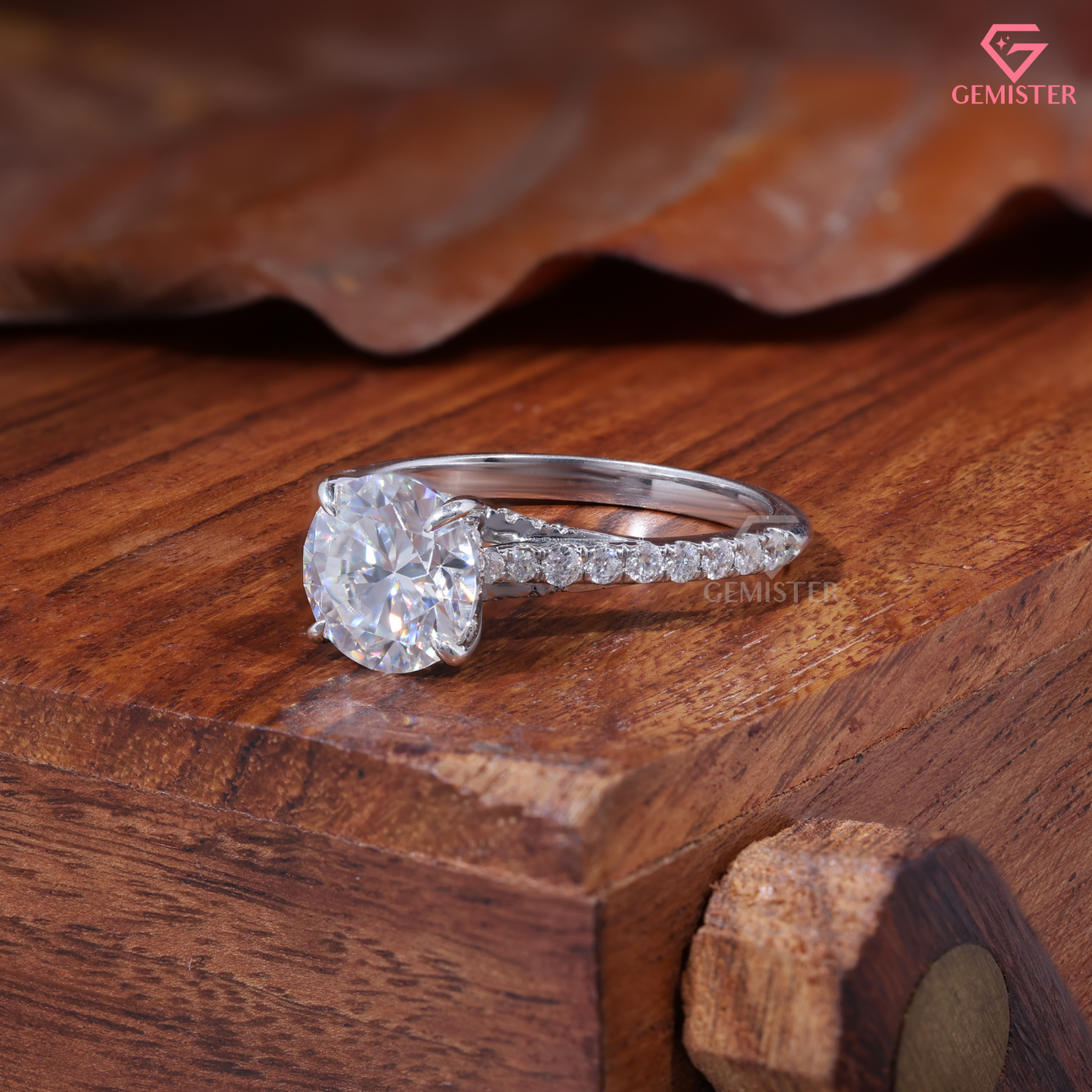 Round Moissanite Cathedral Pavé Accent Engagement Ring in 14K Gold