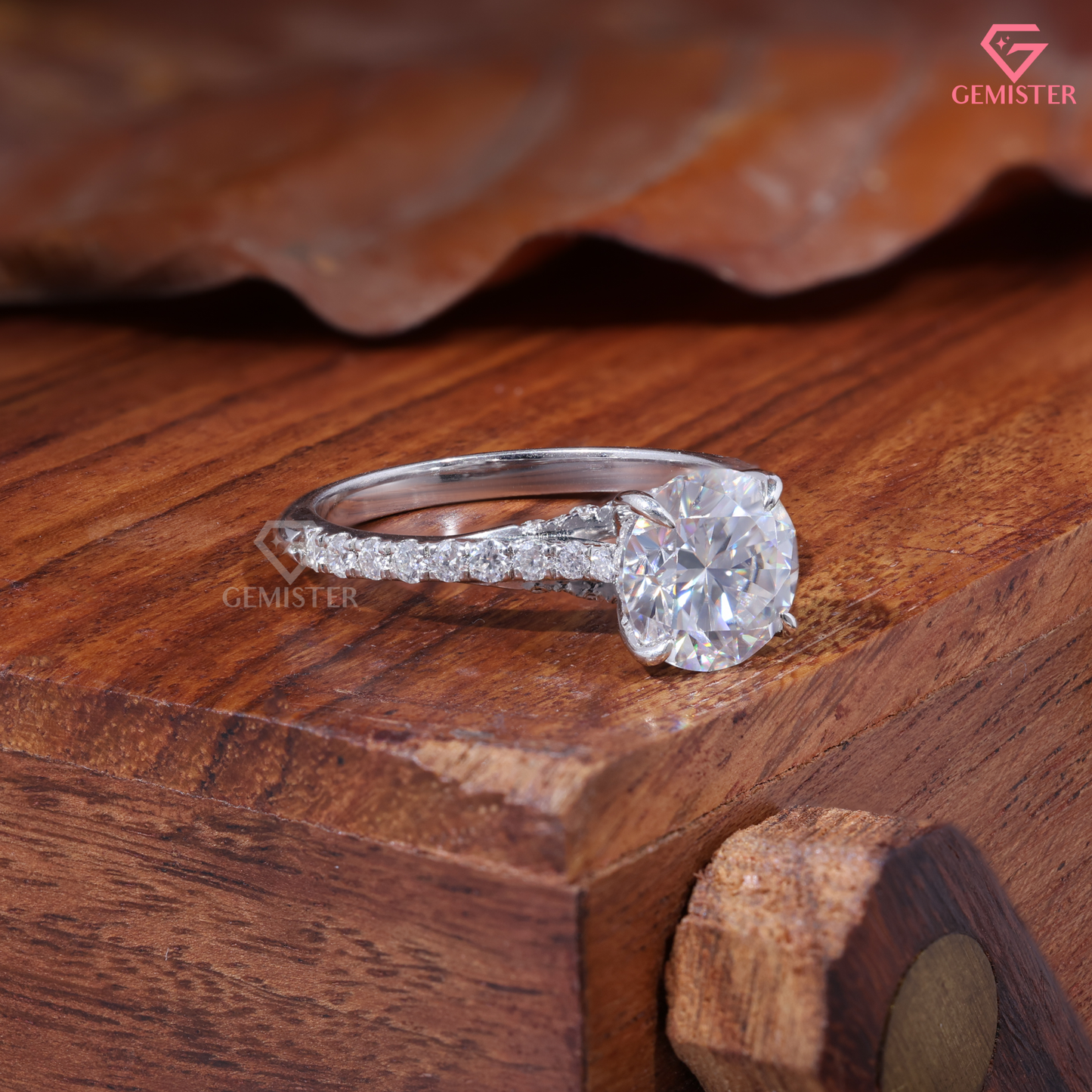 Round Moissanite Cathedral Pavé Accent Engagement Ring in 14K Gold