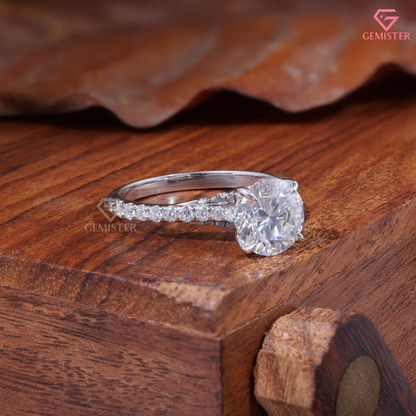 Round Moissanite Cathedral Pavé Accent Engagement Ring in 14K Gold