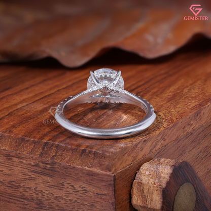 Round Moissanite Cathedral Pavé Accent Engagement Ring in 14K Gold
