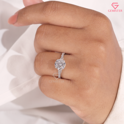 Round Moissanite Cathedral Pavé Accent Engagement Ring in 14K Gold