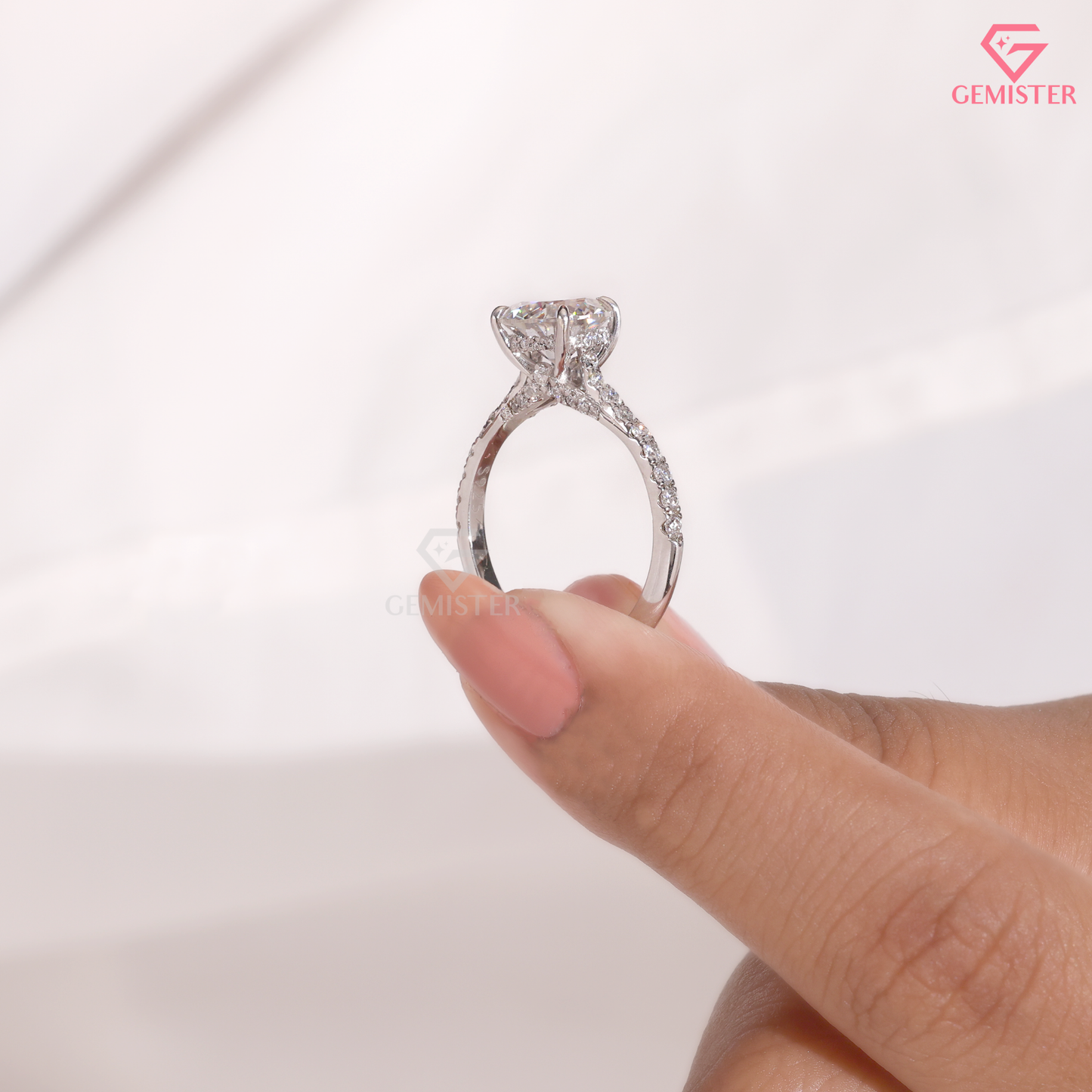 Round Moissanite Cathedral Pavé Accent Engagement Ring in 14K Gold