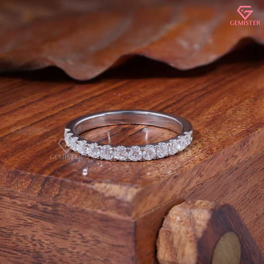 Round Moissanite Shared Prong Half Eternity Wedding Band in 14K Gold
