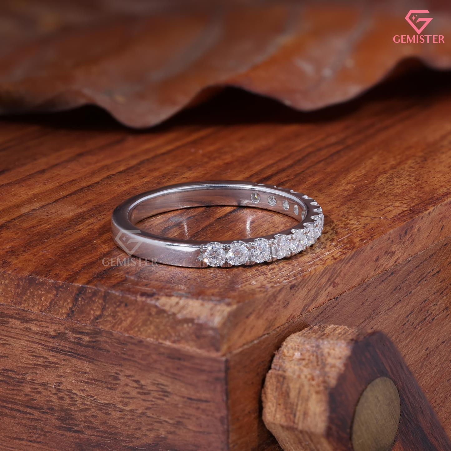 Round Moissanite Shared Prong Half Eternity Wedding Band in 14K Gold