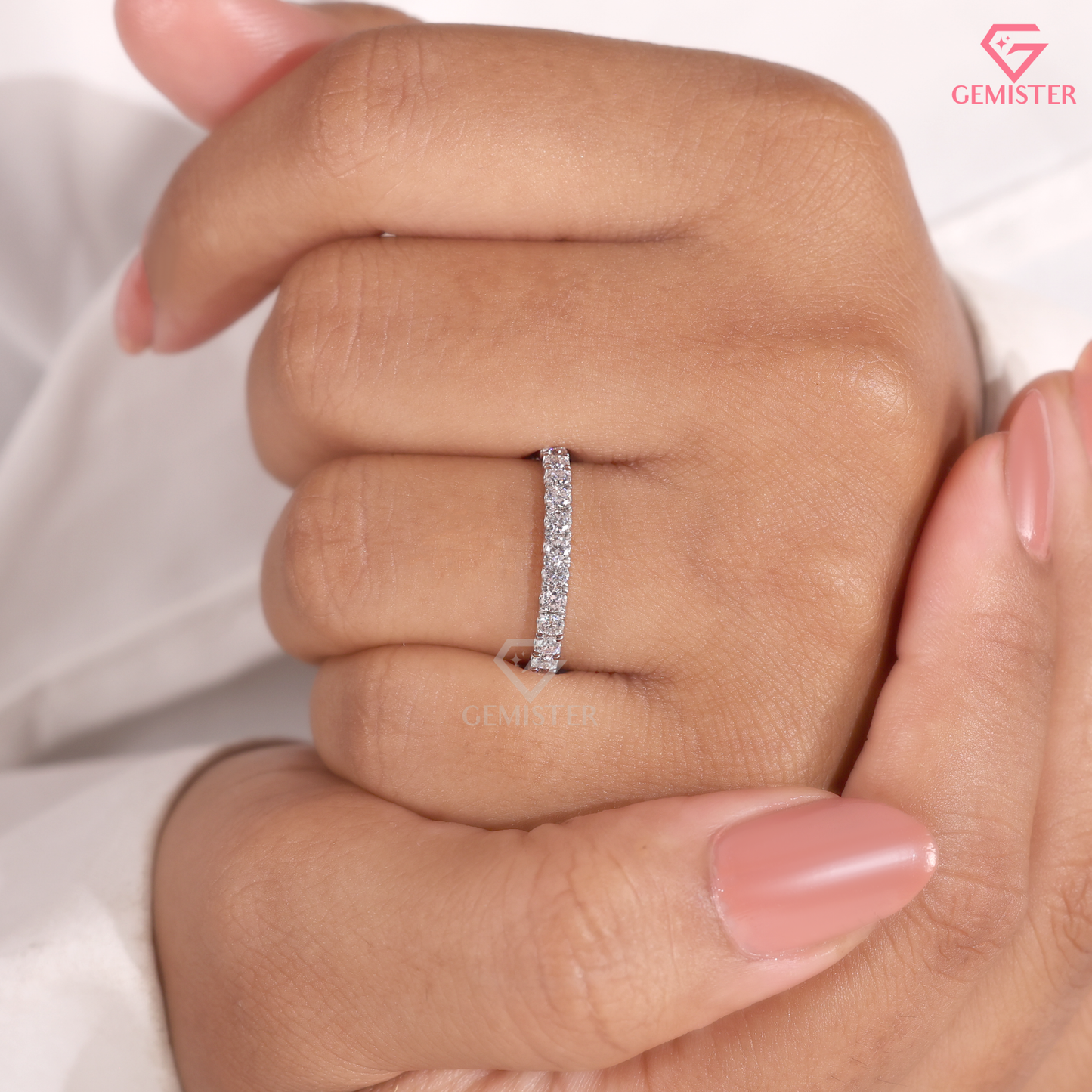 Round Moissanite Shared Prong Half Eternity Wedding Band in 14K Gold