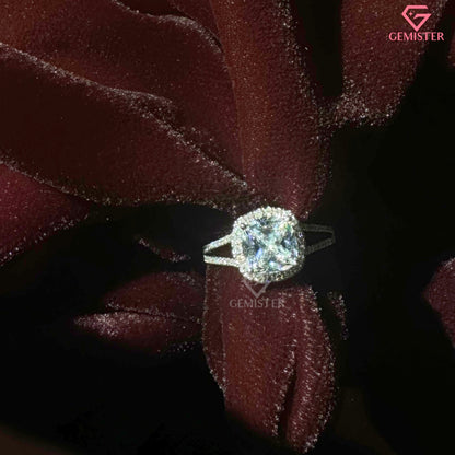 Cushion Cut Halo Engagement Ring | Split Shank Pavé Moissanite Wedding Band