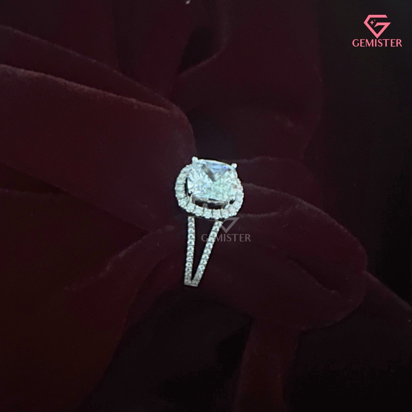 Cushion Cut Halo Engagement Ring | Split Shank Pavé Moissanite Wedding Band