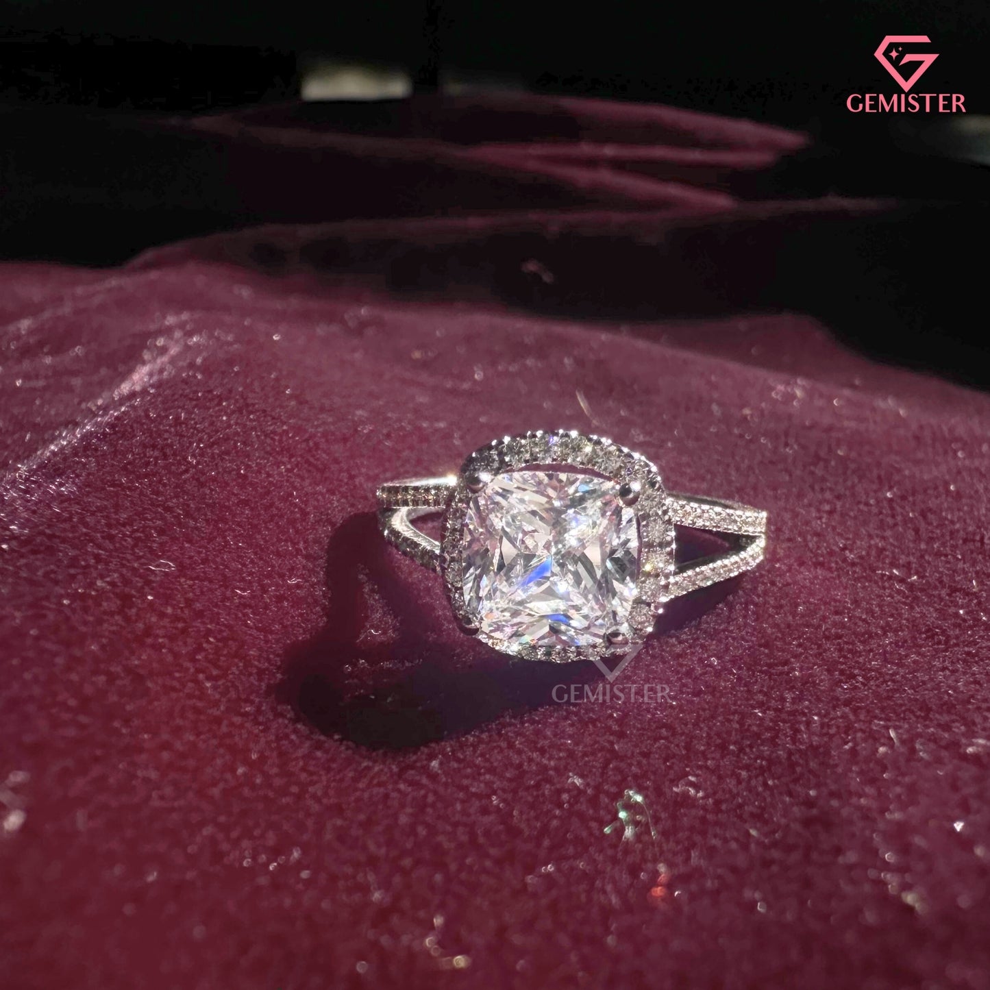 Cushion Cut Halo Engagement Ring | Split Shank Pavé Moissanite Wedding Band