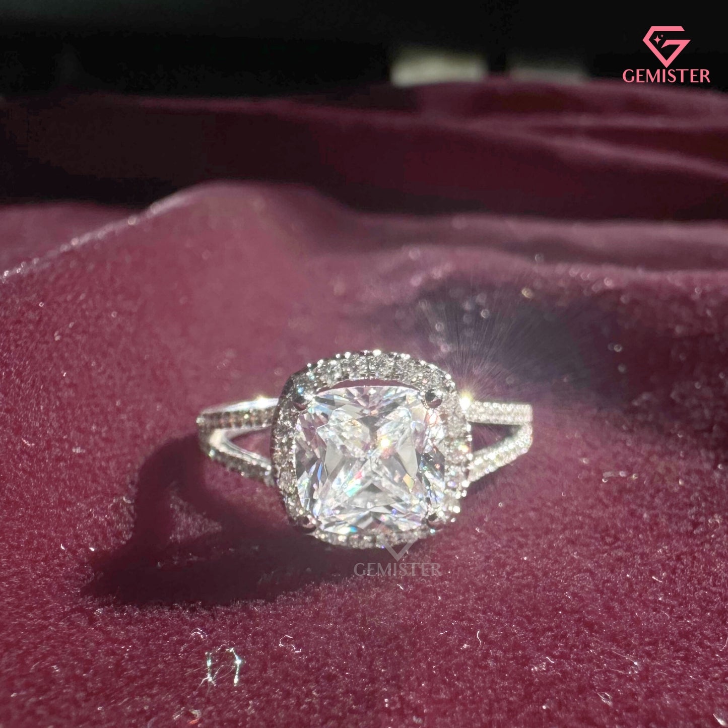 Cushion Cut Halo Engagement Ring | Split Shank Pavé Moissanite Wedding Band