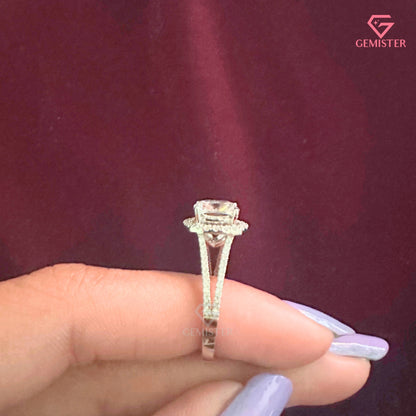 Cushion Cut Halo Engagement Ring | Split Shank Pavé Moissanite Wedding Band