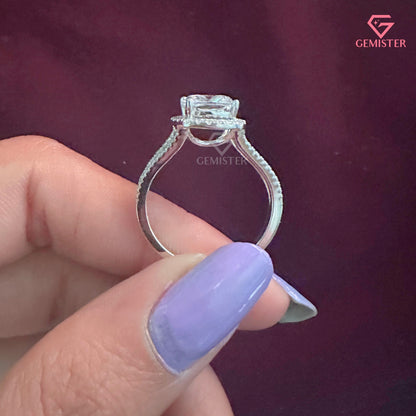Cushion Cut Halo Engagement Ring | Split Shank Pavé Moissanite Wedding Band