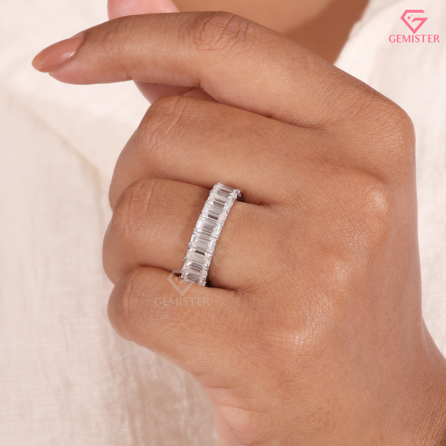 Emerald Cut Lab Grown Diamond Eternity Wedding Band Ring in 14K Gold