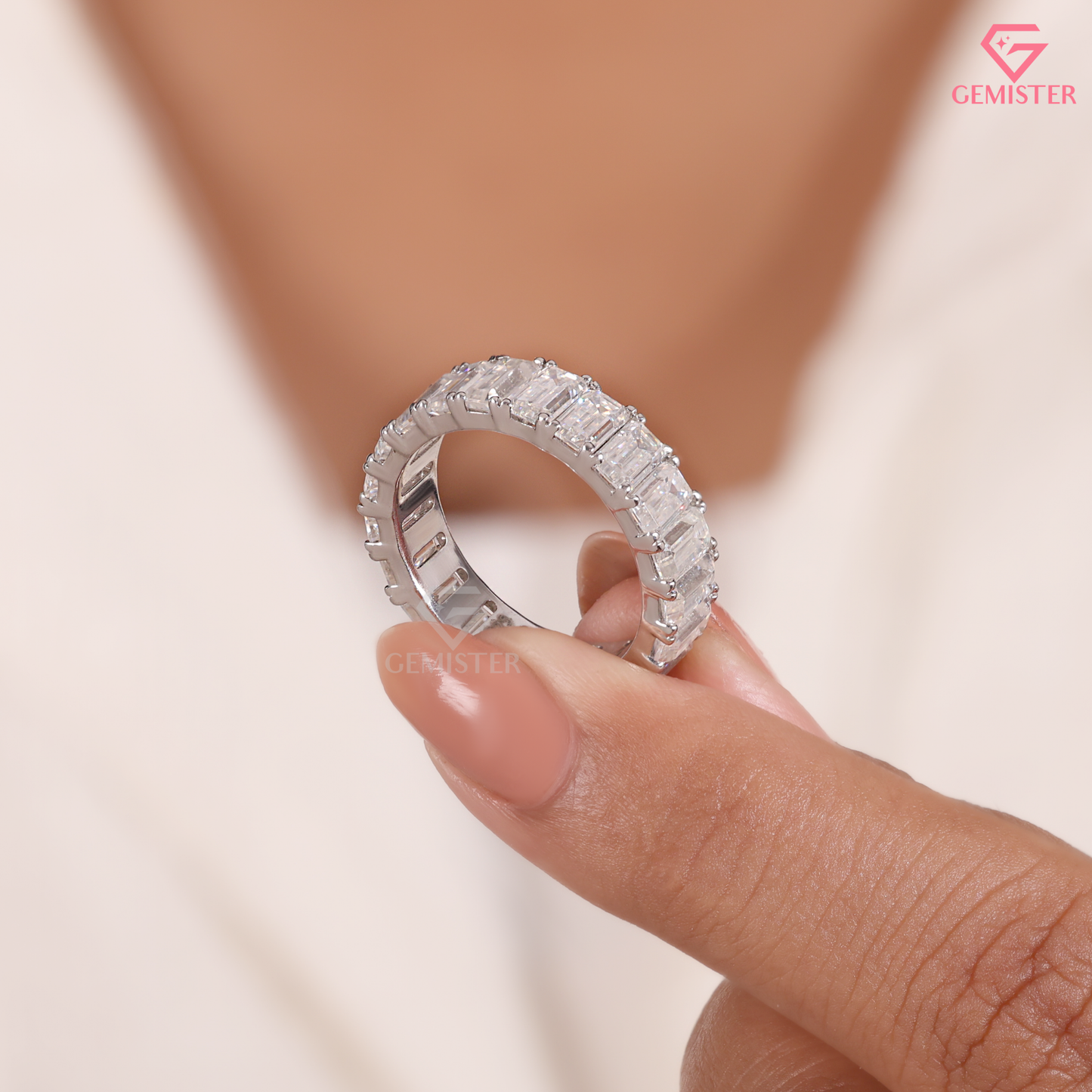 Emerald Cut Lab Grown Diamond Eternity Wedding Band Ring in 14K Gold