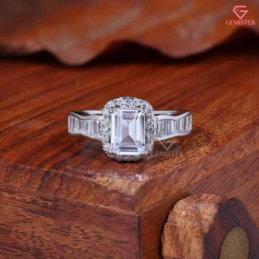Emerald Cut Moissanite Halo Channel Baguette Engagement Ring 14K Gold