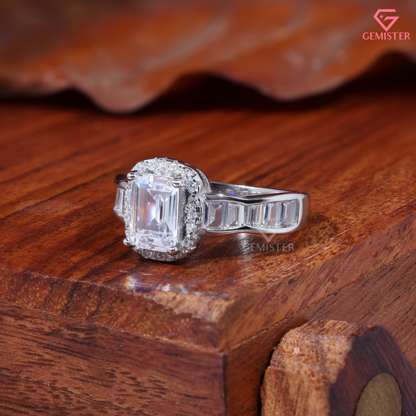 Emerald Cut Moissanite Halo Channel Baguette Engagement Ring 14K Gold
