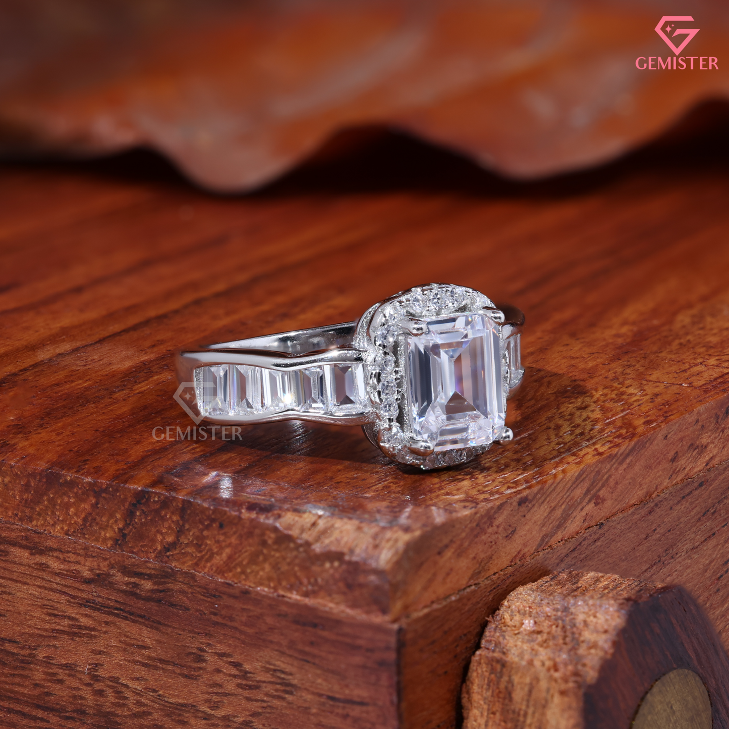 Emerald Cut Moissanite Halo Channel Baguette Engagement Ring 14K Gold