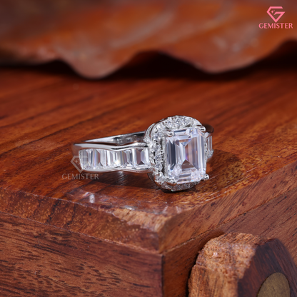 Emerald Cut Moissanite Halo Channel Baguette Engagement Ring 14K Gold