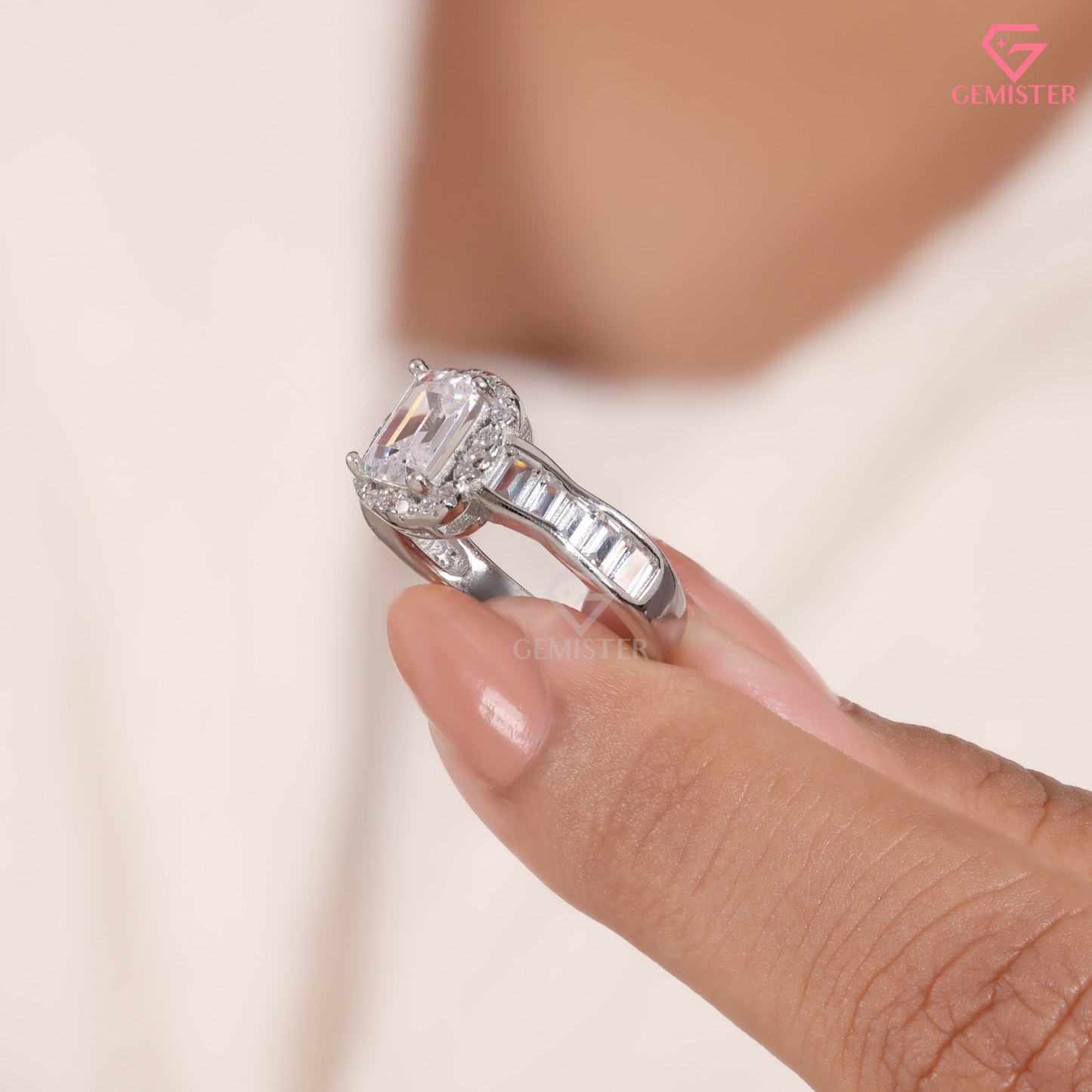 Emerald Cut Moissanite Halo Channel Baguette Engagement Ring 14K Gold