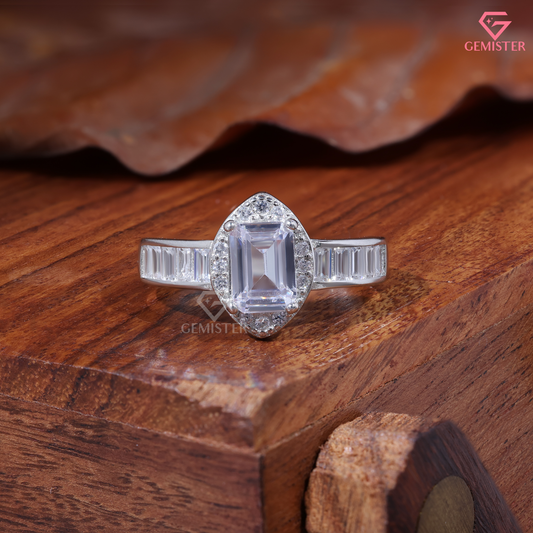 Emerald Cut Moissanite Marquise Halo Baguette Ring in 14K Gold