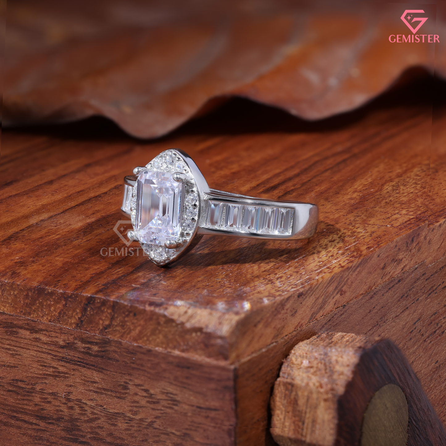 Emerald Cut Moissanite Marquise Halo Baguette Ring in 14K Gold