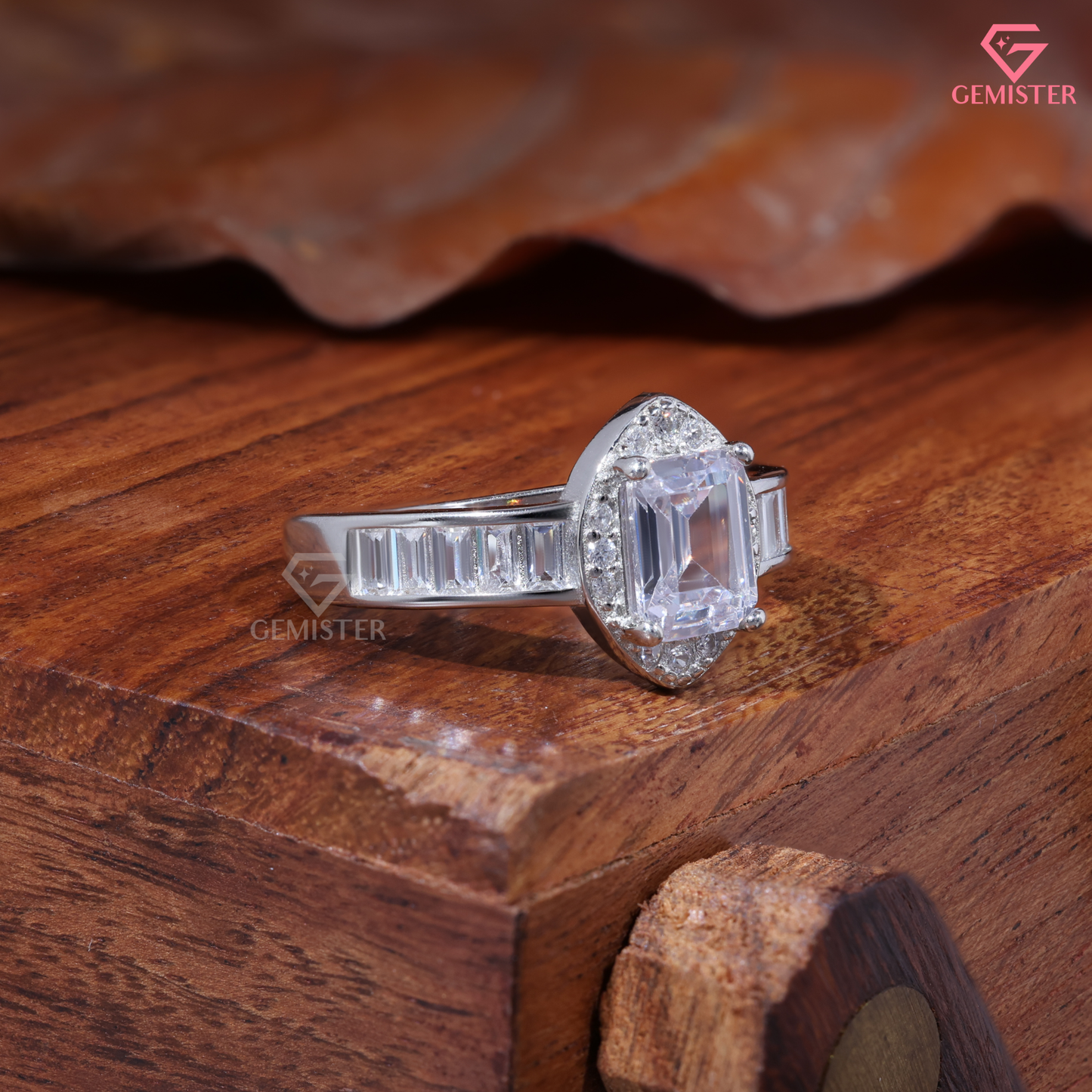Emerald Cut Moissanite Marquise Halo Baguette Ring in 14K Gold