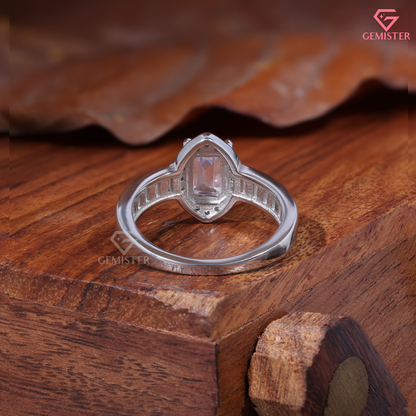 Emerald Cut Moissanite Marquise Halo Baguette Ring in 14K Gold