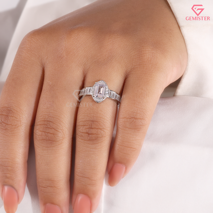Emerald Cut Moissanite Marquise Halo Baguette Ring in 14K Gold