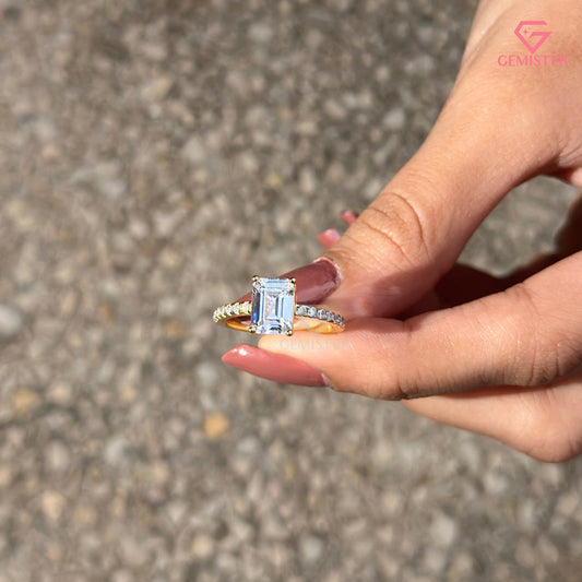 Emerald Cut Solitaire Engagement Ring | Pavé Diamond Elegant Wedding Band