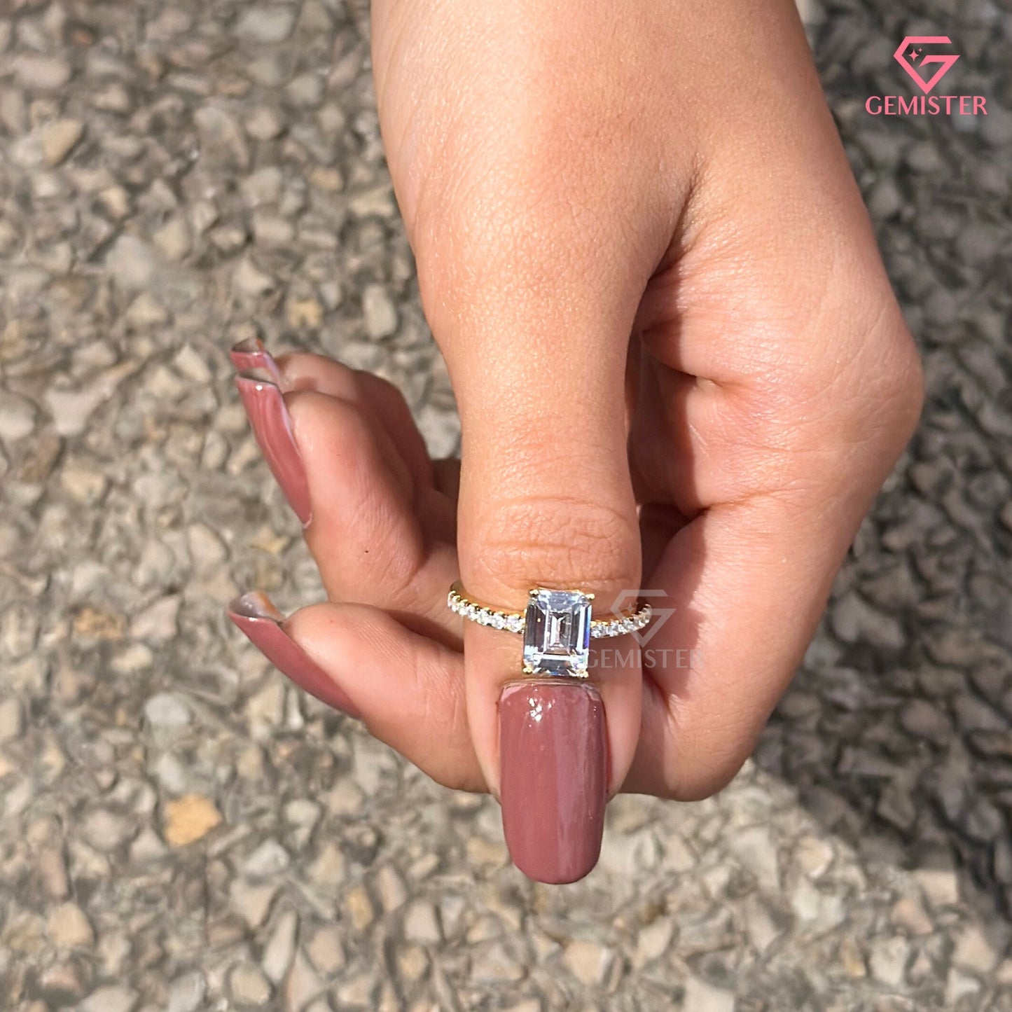 Emerald Cut Moissanite Solitaire Engagement Ring | Pavé Diamond Elegant Wedding Band