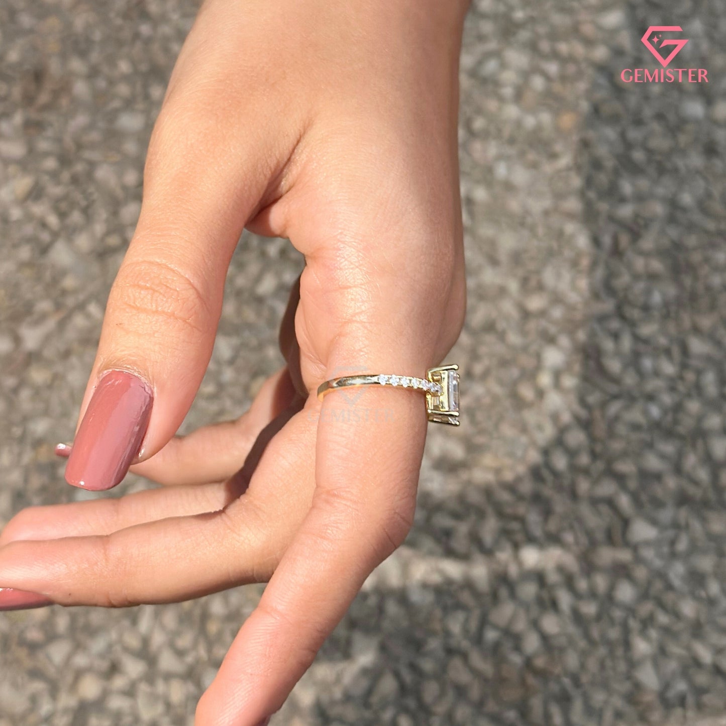 Emerald Cut Moissanite Solitaire Engagement Ring | Pavé Diamond Elegant Wedding Band