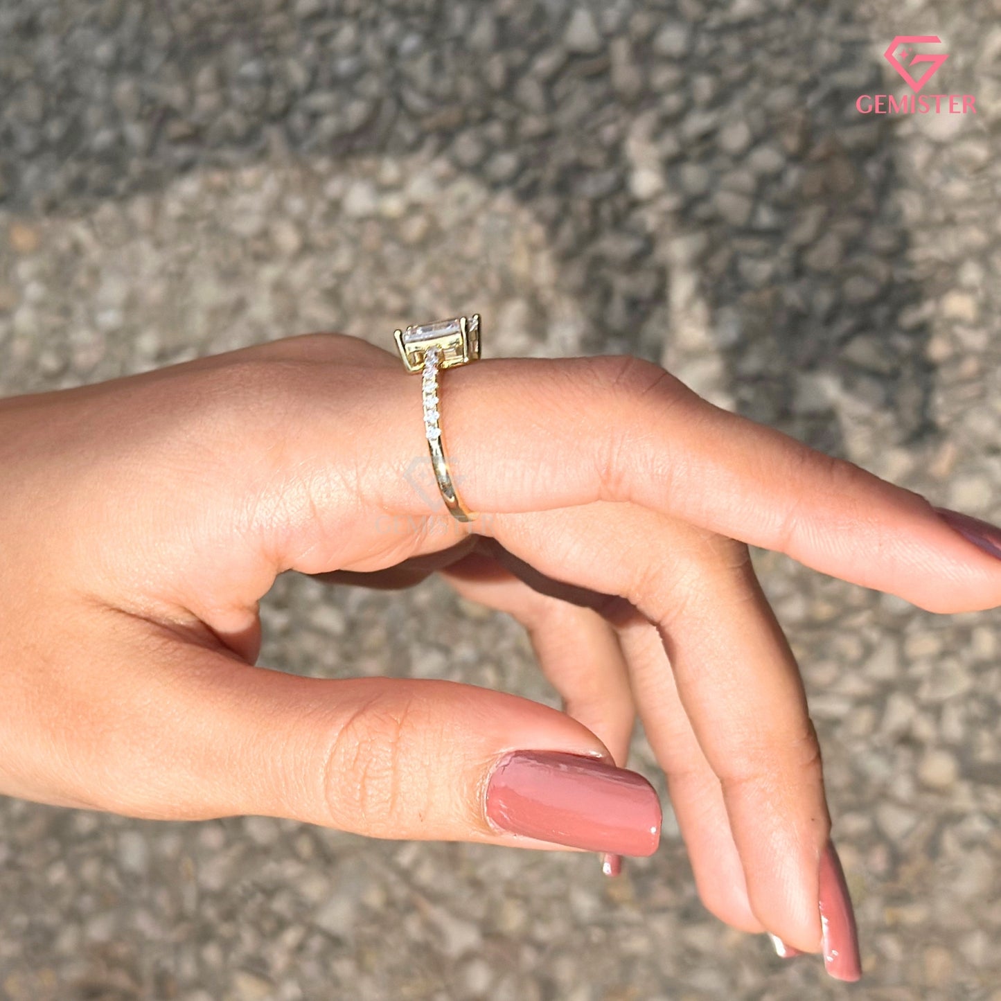 Emerald Cut Moissanite Solitaire Engagement Ring | Pavé Diamond Elegant Wedding Band