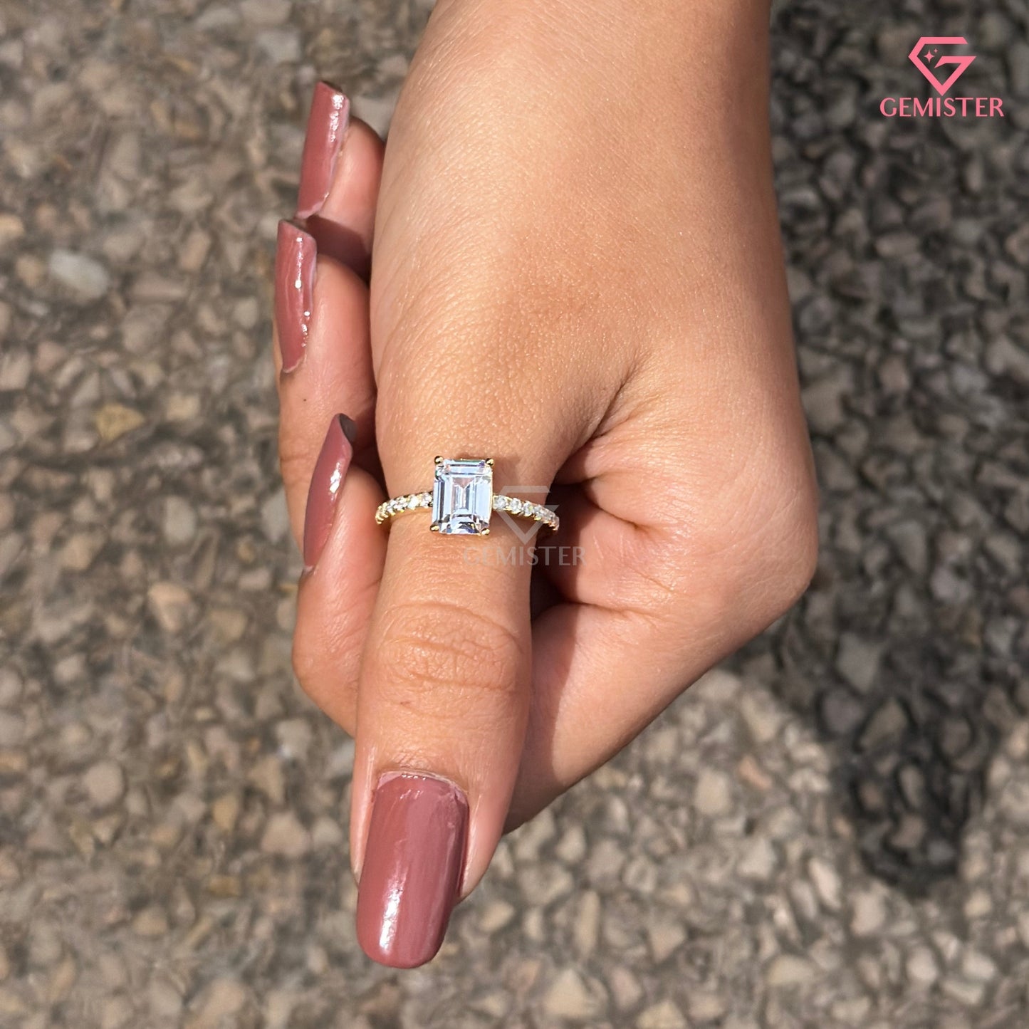 Emerald Cut Moissanite Solitaire Engagement Ring | Pavé Diamond Elegant Wedding Band