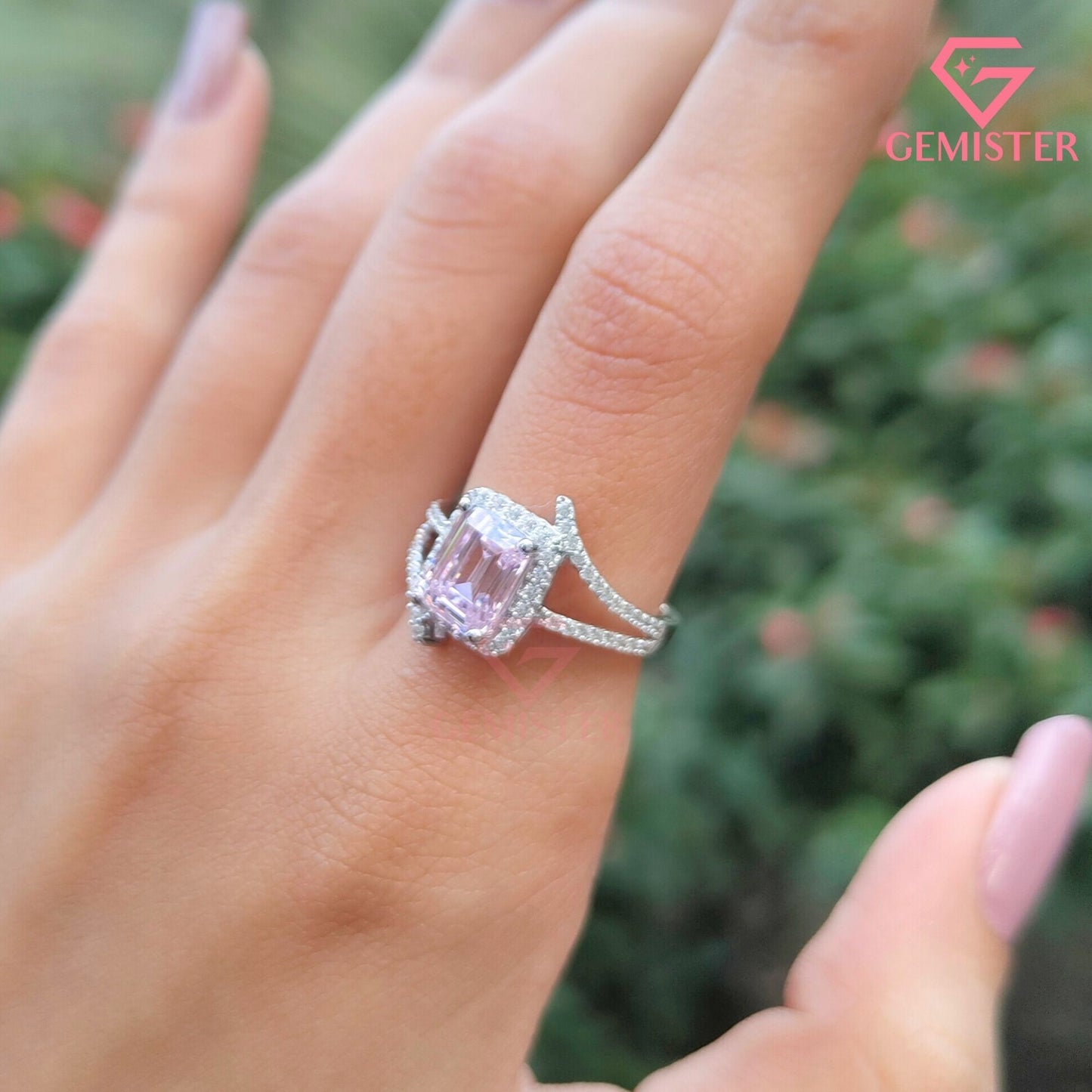 Emerald Cut Halo Engagement Ring | Pave Bypass Split Shank Moissanite Wedding Band