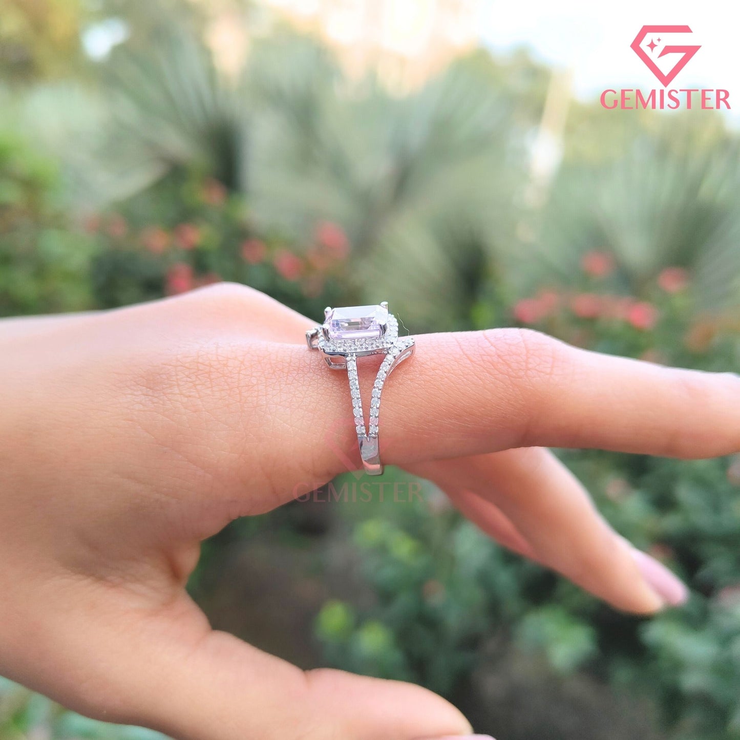 Emerald Cut Halo Engagement Ring | Pave Bypass Split Shank Moissanite Wedding Band