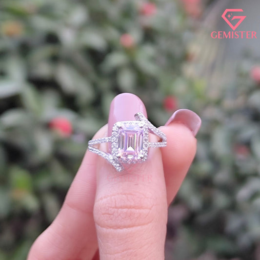 Emerald Cut Halo Engagement Ring | Pave Bypass Split Shank Diamond Wedding Band