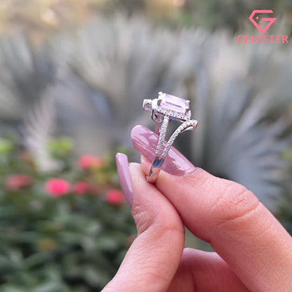 Emerald Cut Halo Engagement Ring | Pave Bypass Split Shank Moissanite Wedding Band