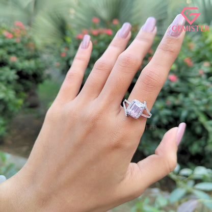 Emerald Cut Halo Engagement Ring | Pave Bypass Split Shank Moissanite Wedding Band