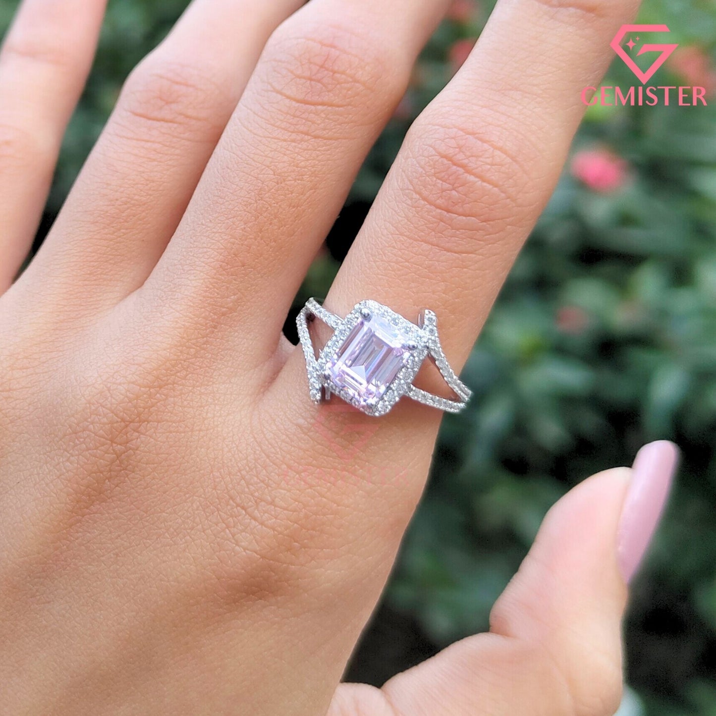 Emerald Cut Halo Engagement Ring | Pave Bypass Split Shank Moissanite Wedding Band