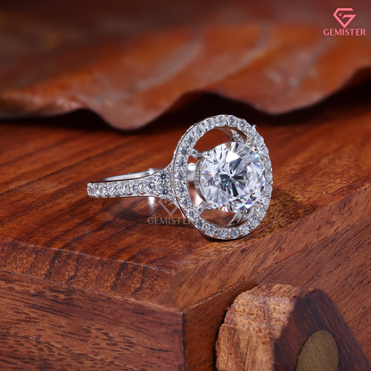 Round Moissanite Floating Oval Halo Engagement Ring in 14K Gold