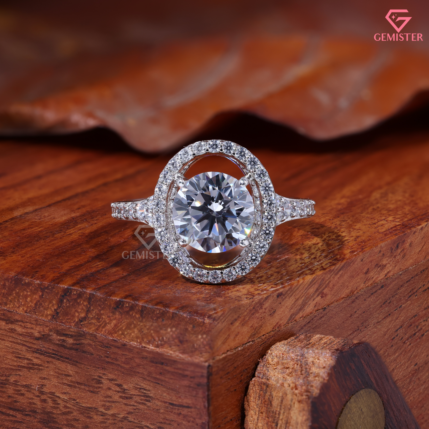 Round Moissanite Floating Oval Halo Engagement Ring in 14K Gold