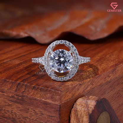 Round Moissanite Floating Oval Halo Engagement Ring in 14K Gold
