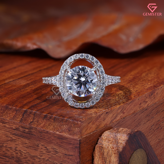 Round Moissanite Floating Oval Halo Engagement Ring in 14K Gold